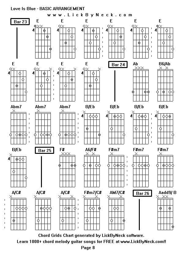 Chord Grids Chart of chord melody fingerstyle guitar song-Love Is Blue - BASIC ARRANGEMENT,generated by LickByNeck software.